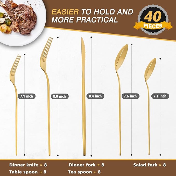 40 Pieces Silverware Set，Matte Gold Stainless Steel Flatware Cutlery Set Service for 8, Stain Finish Kitchen Utensil Set，Include Dinner Knives Forks and Spoons Silverware, Dishwasher Safe