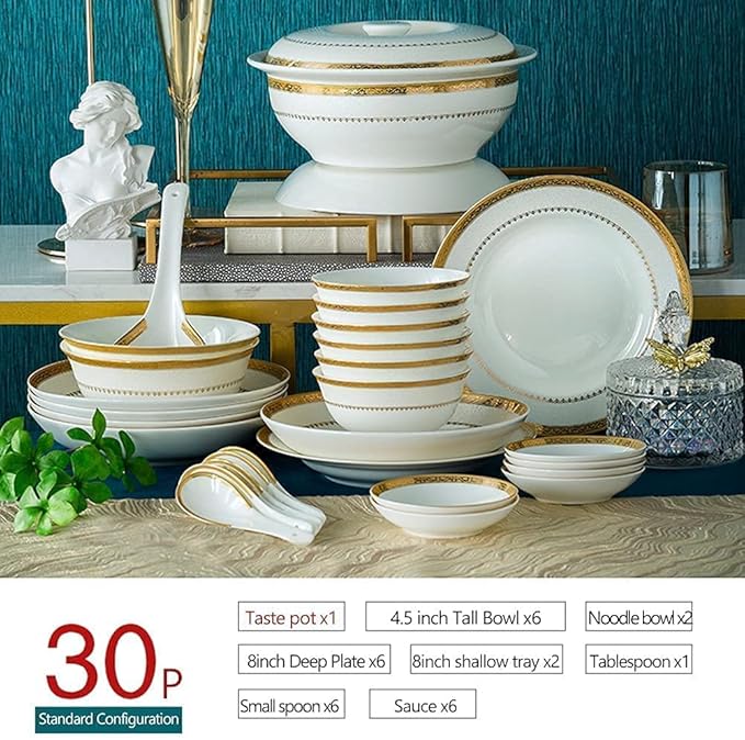 Dinnerware Set Luxury Family Dinner Service Set, 30/56/60PCS Ceramic Dinnerware Set Bone China Tableware Dishes Plates Ceramic Combination Dinner Service Set Po