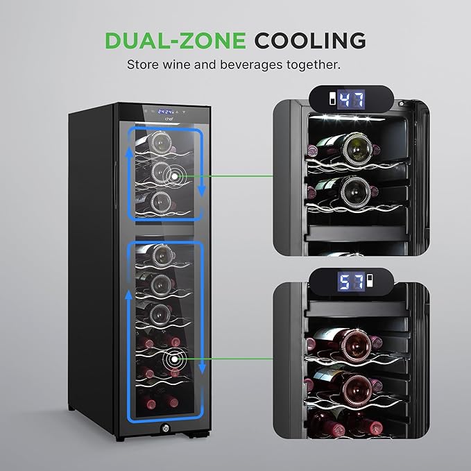 Nutrichef 24 Bottle Wine Fridge | Dual Zone Wine Chiller | Adjustable Temperature 41°F to 64°F | Ultra Quiet Operation | Wine Cooler For Home, & Office | Free Standing 39x11x23 IN (Black)