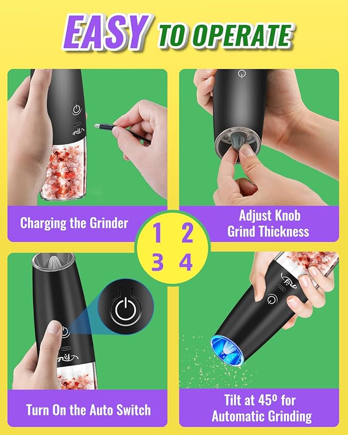 XinXu Upgraded Rechargeable Gravity Electric Pepper and Salt Grinder Set with LED lights,Stainless Steel Automatic Pepper or Salt Grinder Mill Shaker Refillable with Adjustable Coarseness,(Black)