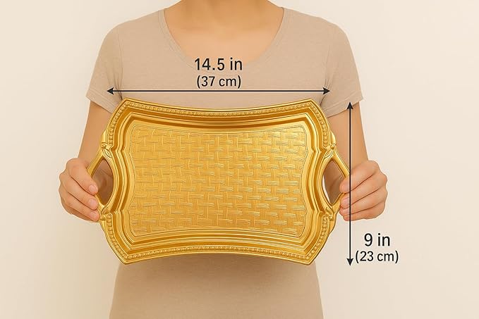 Alisveristime 2-Person Rectangular Metal Serving Tray – Ottoman Motif, (14.6" x 9", 13.1 oz) (Gold)