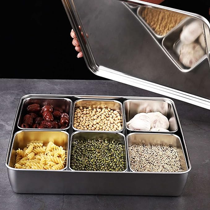 Condiment Containers with Lids, 6 Grids Salt and Sugar Container Sets, Spice Containers with Spoon, Divided Food Storage Containers Condiment Caddy Condiment Dispenser