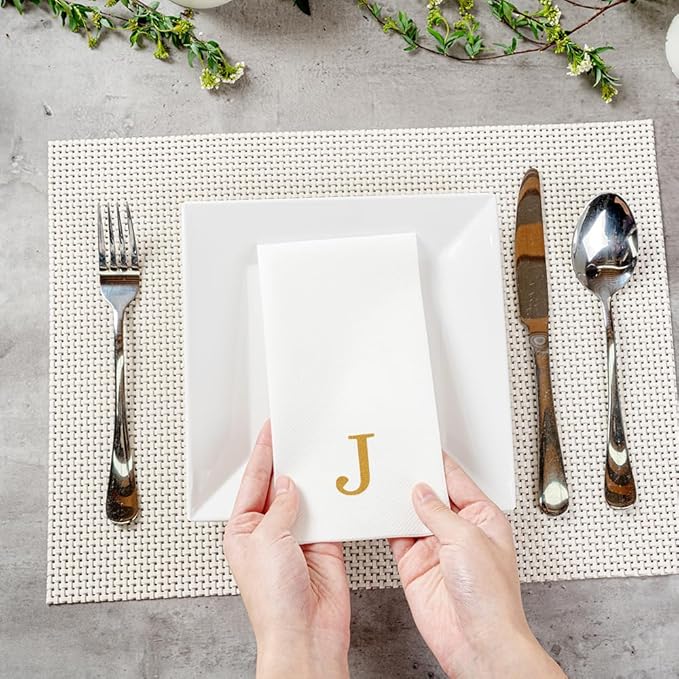 Luxenap 15.8 X 7.9 Inch Linen-Feel Guest Towels, 50 Lettered Hand Towels - Gold Letter 'J', Sans Serif Font, White Paper Dinner Napkins, airlaid, For Restrooms And Tables