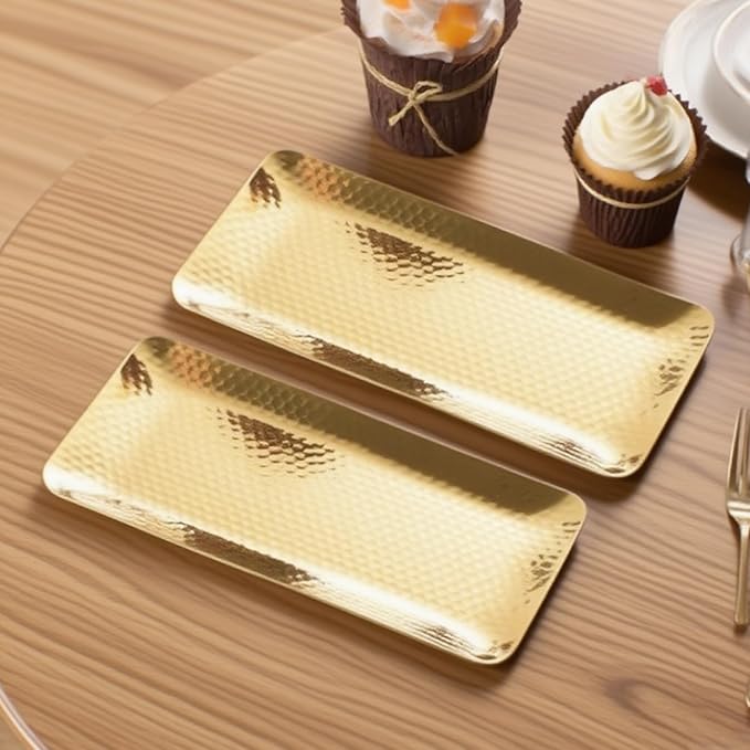9.8×4.3Inch Gold Metal Decorative Tray, Reusable Stainless Steel Serving Trays, Rectangle Bar Trays for Liquor Display, Decorative Bar, Vanity, Coffee Serving Tray