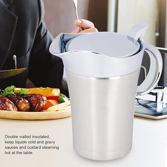 Gravy Boat with Lid, Double Wall 304 Stainless Steel Thermal Gravy Pot Serving Jug (750ml)