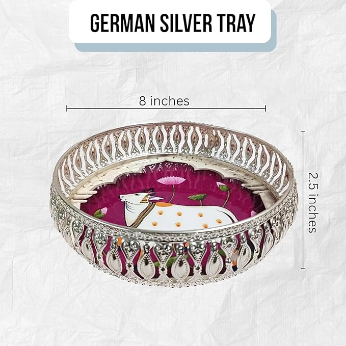 German Silver Tray 8 Inches – Pichwai Cow Design | Decorative Round Metal Plate for Pooja, Dry Fruits & Gifting | Traditional Serving Tray for Home Décor (Silver)
