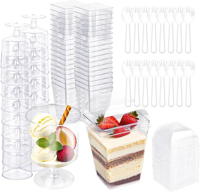 5 oz Dessert Cups with Lids and Spoons, 250 Pack Mini Transparent Appetizer Cups, Square Dessert Shooters Round Goblet Cups for Parfait Fruit Ice Cream Cake