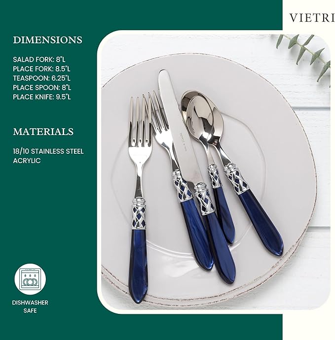 Vietri Aladdin Italian Flatware 18/10 Stainless Steel Brilliant Finish Including Place Knife, Place Fork, Place Spoon, Teaspoon, and Salad Fork (Blue)