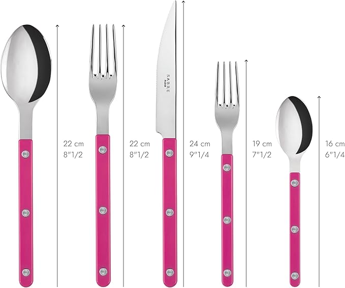 SABRE PARIS - 5-Piece Flatware Set - Bistrot Collection - Knife, Fork, Soup Spoon, Teaspoon & Dessert Fork - Stainless Steel & Nylon - Dishwasher Safe - Raspberry - Brilliant Finish