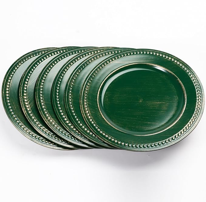 Vintage Charger Plates Set of 6, Beaded Service Plate, Plastic Charger Plate Set Bulk Wedding Easter, Event, Holiday, Christmas, Elegant Table Setting Centerpieces, Hunter Green