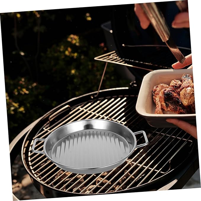 Mobestech Silver Stainless Steel Round Serving Tray Versatile Bbq Platter for Seafood Steak Snacks Easy to Clean Stackable Design for Home Outdoor Use