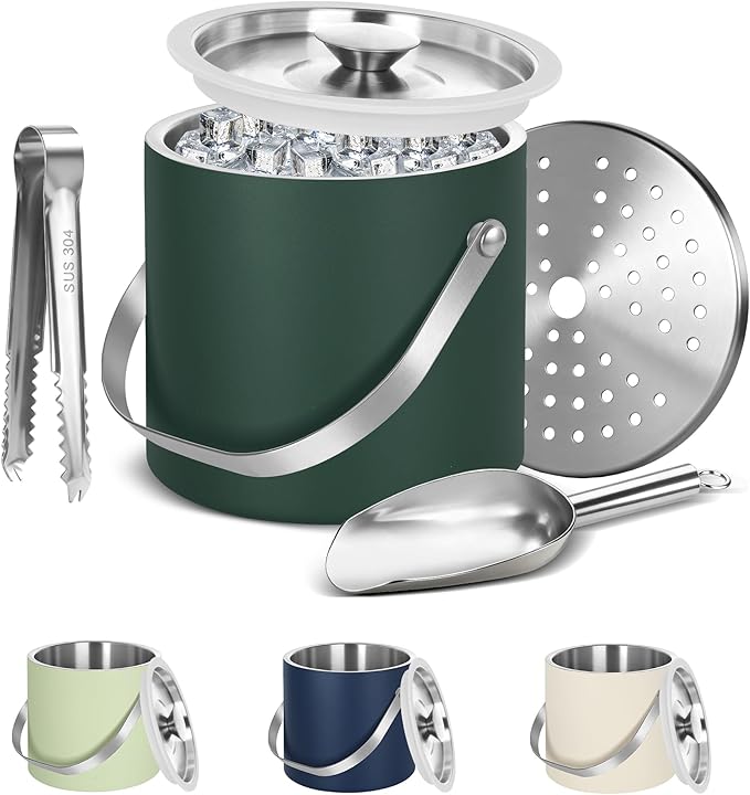 Ice Bucket, Ice Bucket with Silicone Sealing Ring Double-Wall Vacuum Insulation Champagne Buckets with Filter Layer Ice Tongs Ice Scoop (Grey Green, 3 L)