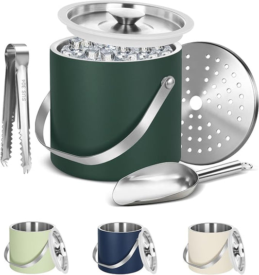 Ice Bucket, Ice Bucket with Silicone Sealing Ring Double-Wall Vacuum Insulation Champagne Buckets with Filter Layer Ice Tongs Ice Scoop (Grey Green, 3 L)