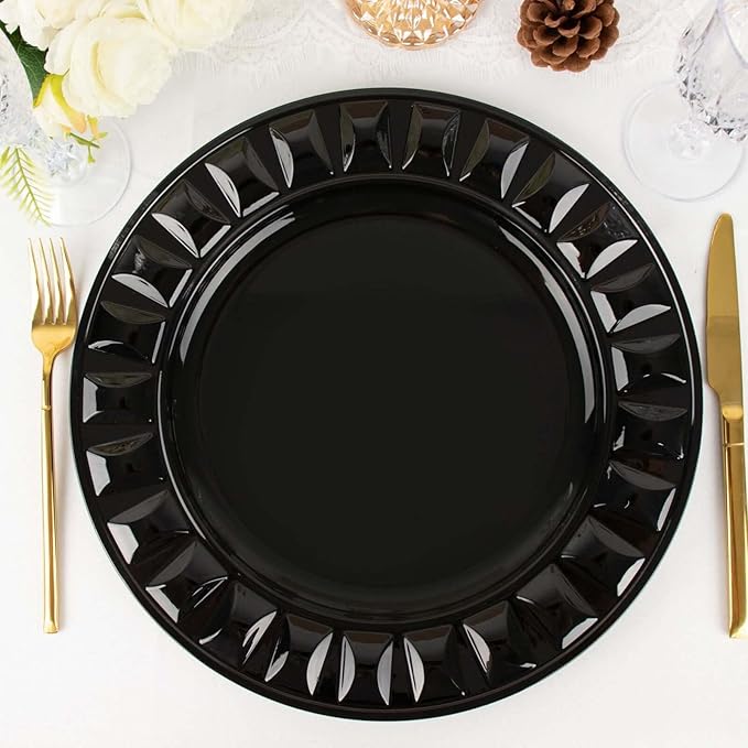 Efavormart 6 Pack | 13" Black Round Bejeweled Rim Plastic Dinner Serving Trays, Disposable Charger Plates