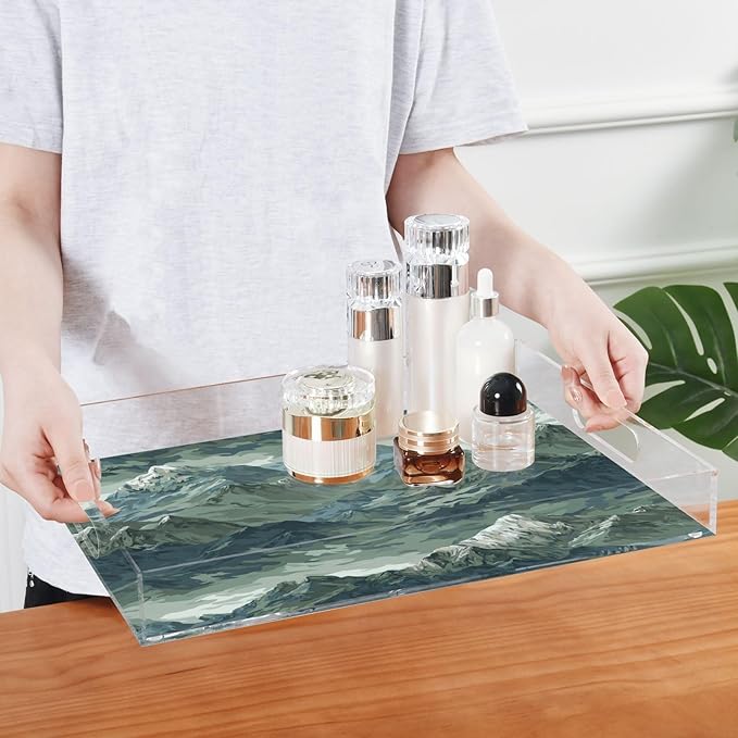 Serving Tray with Handles Clear Acrylic Tray 12x16 Inch Decorative Rectangular Tray Organizer for Ottoman Coffee Table Bathroom Green Camounflage Mountain