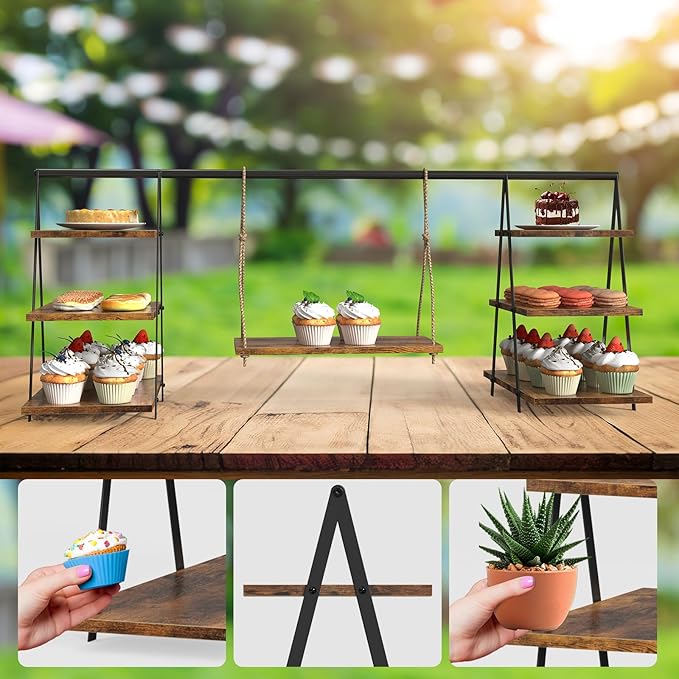 LIANTRAL Wooden 3 Tier Cupcake Stand, Wood Cupcake Display Stand with Swing, Dessert Table Display Set with Serving Tray for Birthday, Party, Wedding, Farmhouse Decor, Brown