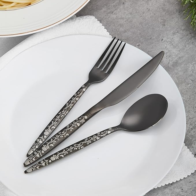 12-Piece Black Silverware Set, Flower Pattern Fancy Knife, Spoons and Forks, Stainless Steel Flatware Cutlery, Serving Utensil Set With Steak Knives, Forks and Spoons