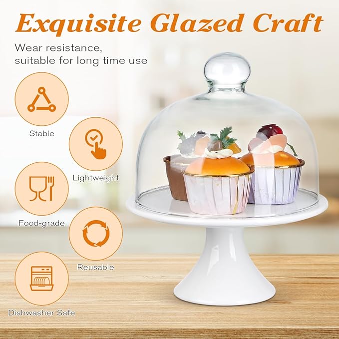 ERINGOGO Cake Stand 8 inch Ceramic Cake Stand, Footed Cake Plate with Glass Dome, Dessert Serving Platter Cheese Board, Wedding Server Tray for Pastries, Doughnuts, Muffin Wedding Decor