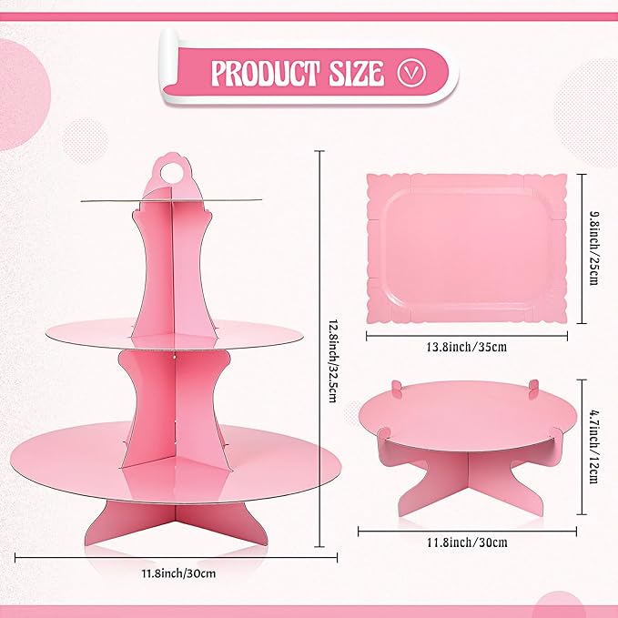 Zopeal 7 Pieces Cake Stand Set 3-Tier Cardboard Cupcake Stand 1-Tier Cupcake Display Round Rectangle Serving Tray Reusable Platters Cupcake Holders for Desserts Birthday Party(Pink)