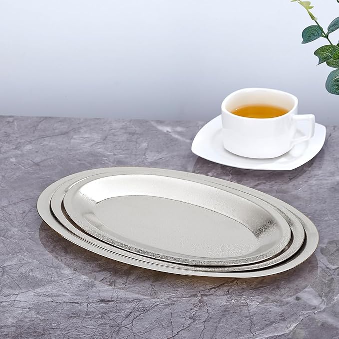 SANQIAHOME 9.9x6.1 Inch Thick Stainless Steel Dinner Plate 2-Piece Set, Egg-Shaped Appetizer Plate,Silver