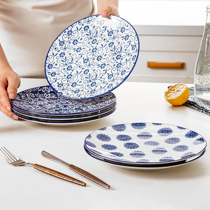 Ceramic Salad Plates Set - 8.5 Inch Kitchen Small Round Dinner - Scratch Resistant Porcelain Microwave Oven Dishwasher Safe - Dishes for Sandwich Dessert Appetizer - Set of 6 - Vintage Blue