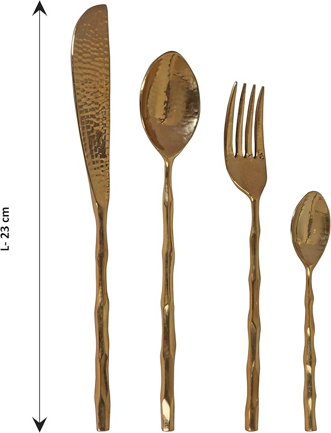 DeKulture Handmade Pure Brass 4-Piece Cutlery Set: Gold Flatware for Dining & Serving