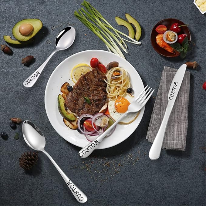 Stainless Steel Customized Flatware Set,Engraving Name Knife Forks Spoon,Personalized names will be engraved on your tableware, Customized Birthday Christmas Gift Multicolor
