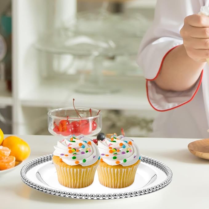 Garneck Metal Fruit Tray 25Cm Thickened Silver Serving Tray for Dried Fruits Dessert Cupcakes Household Snack Holder for Party Buffet and Home Decor