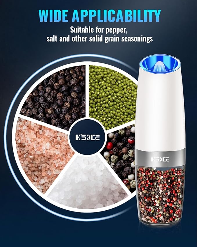 XinXu Gravity Electric Pepper and Salt Grinder Set, Adjustable Coarseness, with LED Light, One Hand Automatic Operation (Set/Snow White X)