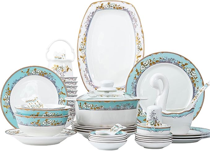 Plate and Bowl Set60 PCS Fine Bone China Dinnerware Set for 10, Jingdezhen White Porcelain Dinnerware Sets, Luxury Style Tableware - Pot, Plates and Bowls Sets, Handc,