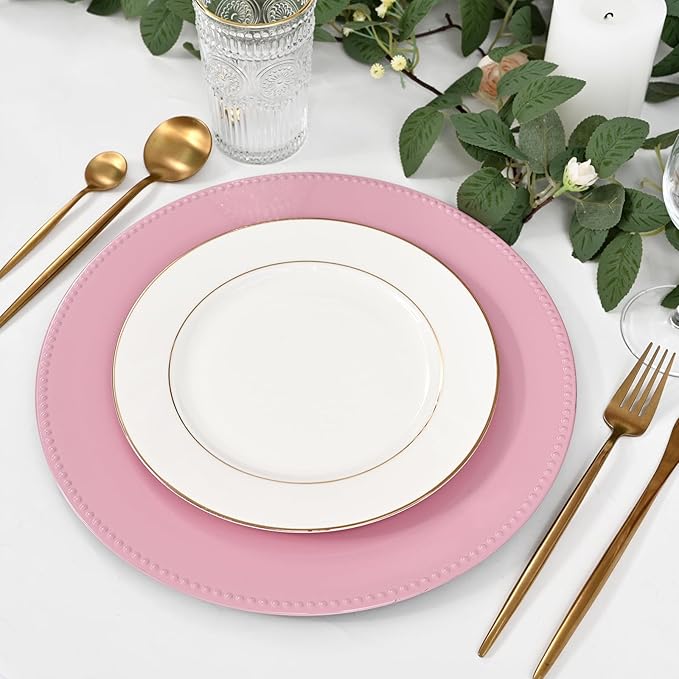 50 Pcs Pink Charger Plates Bulk, 13" Round Beaded Plate for Dinner, Decorative Plastic Table Chargers for Wedding, Holiday Party, Baby Shower, Event Decoration