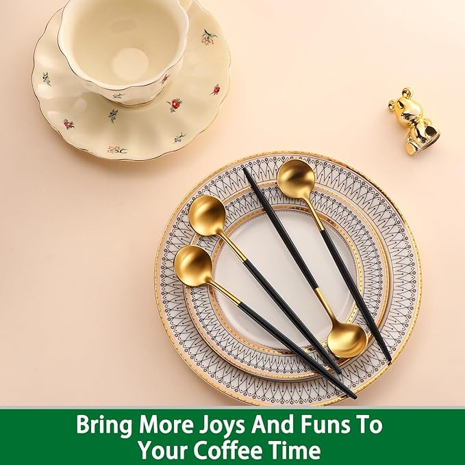 7.95 Inches Satin Gold SS18/10 Long Stirring Spoons With Black Handle,Elegant Iced Tea Spoons,Long Handle Mixing Spoons For Coffee,Cocktail,Ice Cream,Milk