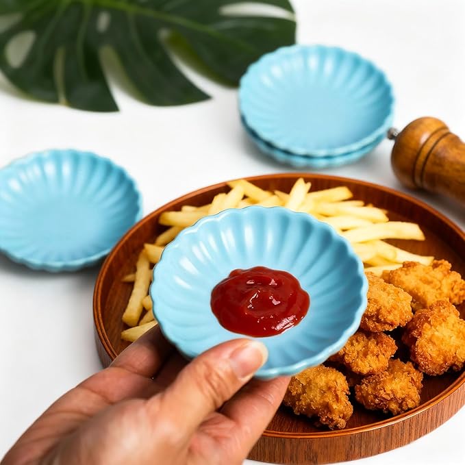 Gaolinci 3.5 Inches Flower Shape Ceramic Sauce Dish,Mini Side Seasoning Dish,Snack Serving Dishes,Porcelain Small Saucer Set(Set of 4)