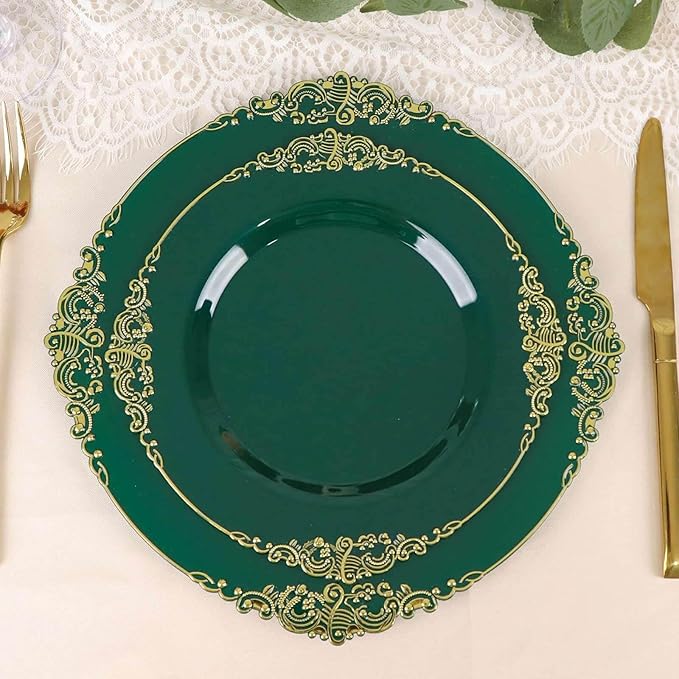 8" Salad Plates -Set of 10 - Plastic Hunter Green Round Baroque Disposable Chargers Leaf Embossed Rim, Ideal for Dinner Party Wedding Bulk Events