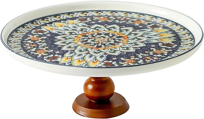 Ceramic Cake Stand with Elegant Wood Curved Footed, 10” Versatile Dessert Stand, 2-in-1 Dessert Table Display Set & Charcuterie Board for Birthday/Kitchen/Party/Charcuterie, Blue