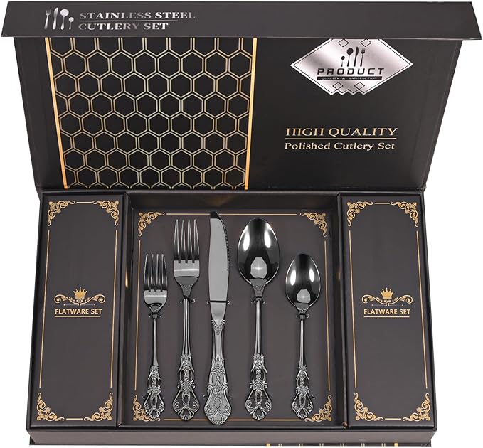 Retro Royal Black Silverware Set With Gift Box For 8 Cutlery Set Utensils Stainless Steel Flatware 40 Pieces MIKIWAY Kitchen Tableware Set For Gifts Festive, Dishwasher Safe, Mirror Polishing