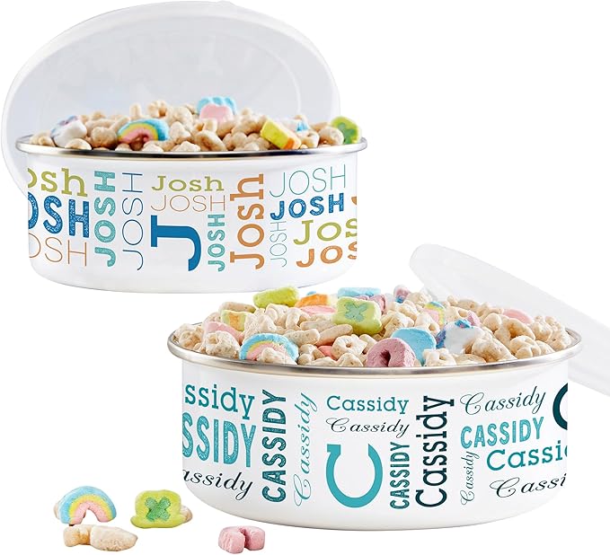 Personalization Universe Trendy Repeating Name Personalized Enamel Bowl with Lid