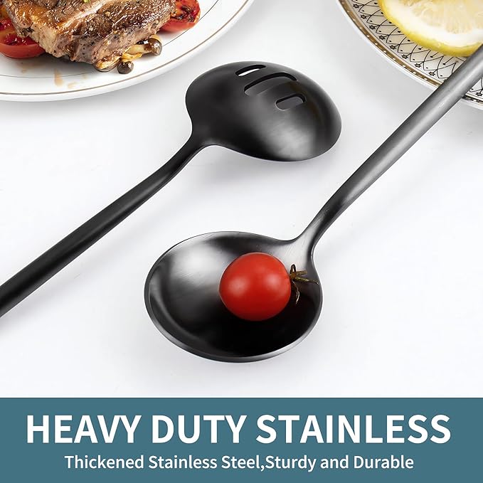 5-Piece Matte Black Stainless Steel Serving Utensils Set - Large and Slotted Spoons, Fork, Sugar Spoon, Butter Knife - Dishwasher Safe