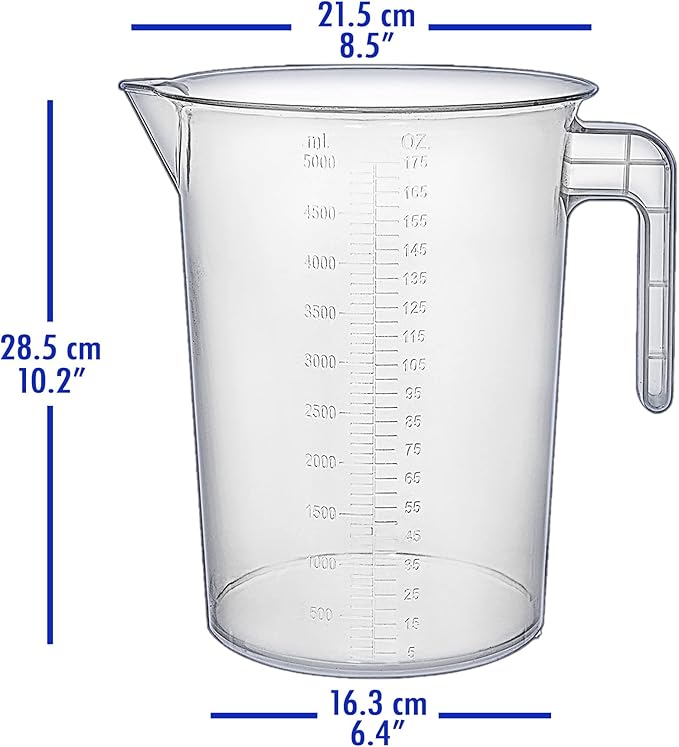 5 Liter Measuring Pitcher 3-Pack | 1.3 Gallon Shatterproof Plastic Large Graduated Mixing Pitchers, 1 to 2 Gallons (5L, 5000ml)