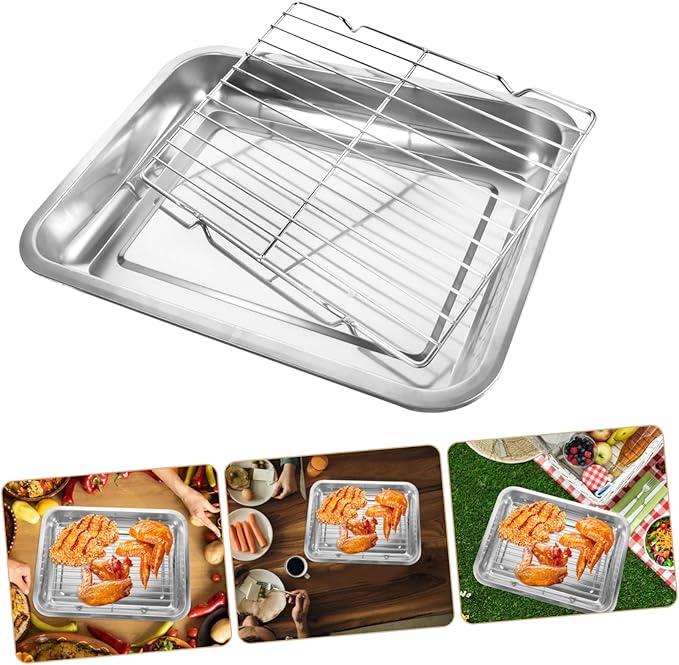 Yardwe Stainless Steel Grilled Food Serving Tray for BBQ Oil Draining Snack Dish Rectangular Multi-Function Frying Food Plate for Parties and Gatherings