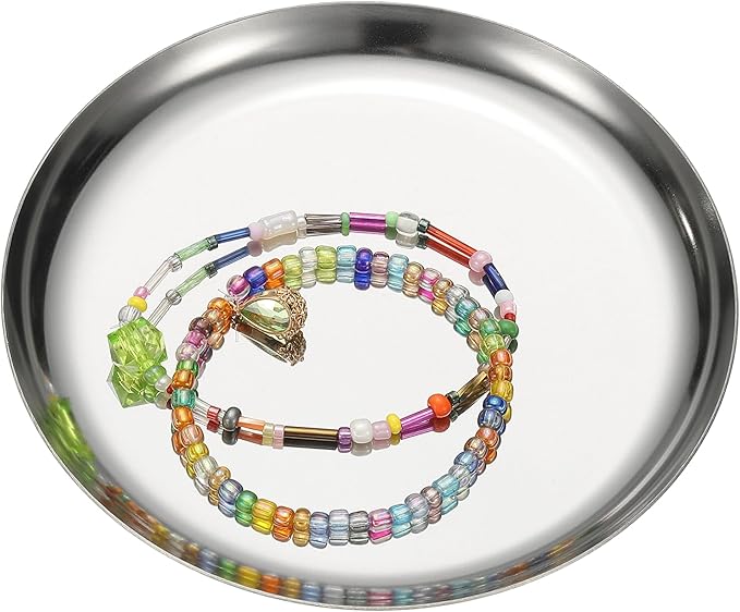 uxcell Round Serving Trays, 4.92" Stainless Steel Decorative Jewelry Dish, Small Vanity Tray for Bathroom Aromatherapy Candle Drink Plate,Silver