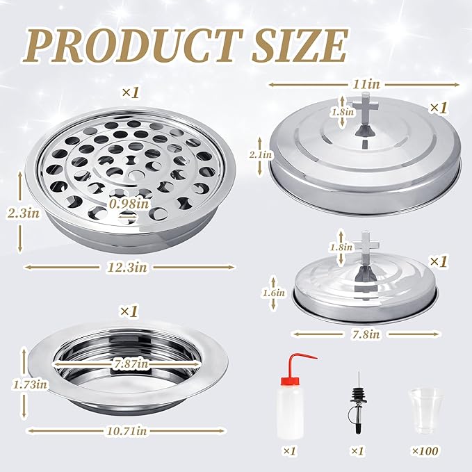 Stainless Steel Communion Tray Set for Church – 1Pcs Communion Wine Tray with 1 Lid & 1Pcs Bread Plate with Lid, Includes 100 Disposable Cups, Cups Filler