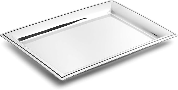 Royalty Art Fancy Serving Tray, 16” x 9.5”, Polished Silver Stainless Steel, Elegant Home Decor for Appetizers, Hor Dourves, Wine, and Event Hosting, Engraved Black Line