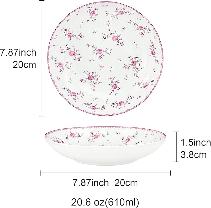 fanquare 8 Inch Porcelain Salad Bowls Set of 4, Round Floral Plates Set for Soup, Pasta, Dessert, Fruit