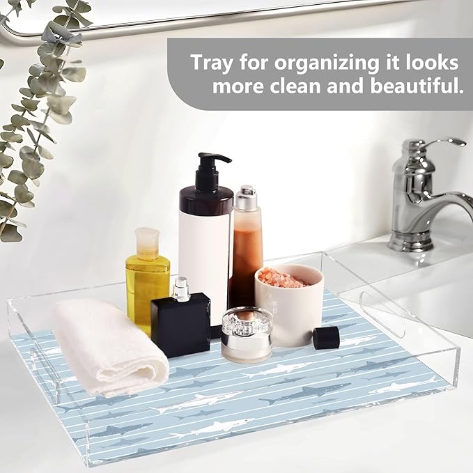 Serving Tray with Handles Clear Acrylic Tray 12x16 Inch Decorative Rectangular Tray Organizer for Ottoman Coffee Table Bathroom Blue Striped Sharks