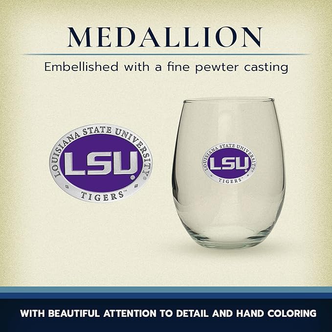 Heritage Pewter LSU Tigers Stemless Glass Goblets – Set of 2 | 15 OZ Goblet Wine Glasses | Expertly Crafted Pewter Glass