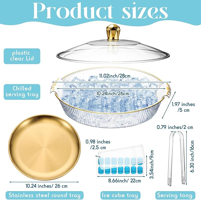 Baderke 1 Set 10" Chilled Serving Tray for Parties with Compartments and Lid Ice Chilled Platter Charcuterie Serving Board for Fruit Seafood Vegetable Appetizer Shrimp Cocktail (Gold)