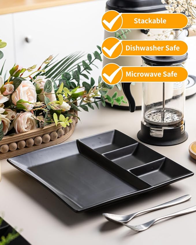 LAUCHUH Divided Serving Platters, 11 x 11 inch Porcelain Chip & Dip Serving Set Dinner Serving Tray 4 -Compartment Serving Dishes for Christmas, Candy, Nuts,Veggies, Snacks and Sauce, Black