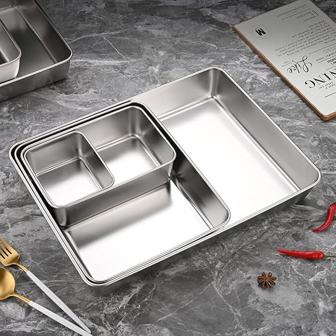 Professional Stainless Steel Food Service Tray Rectangle Dining Platter With High Rim Kitchen Buffet Serving Dish Metal Storage Container Dishwasher Safe Silver(30 * 25 * 5.5)