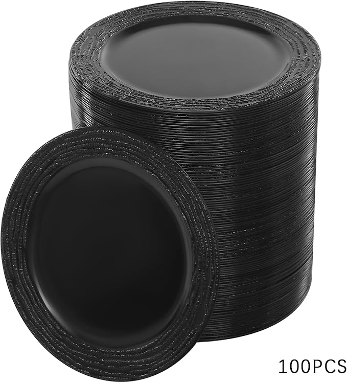 100 Pack Chargers for Finner Plates, 13 Inch Plastic Round Bright Charger Plates Bulk, Wedding Decoration for Table Setting Wedding Party Event Tabletop (Black)